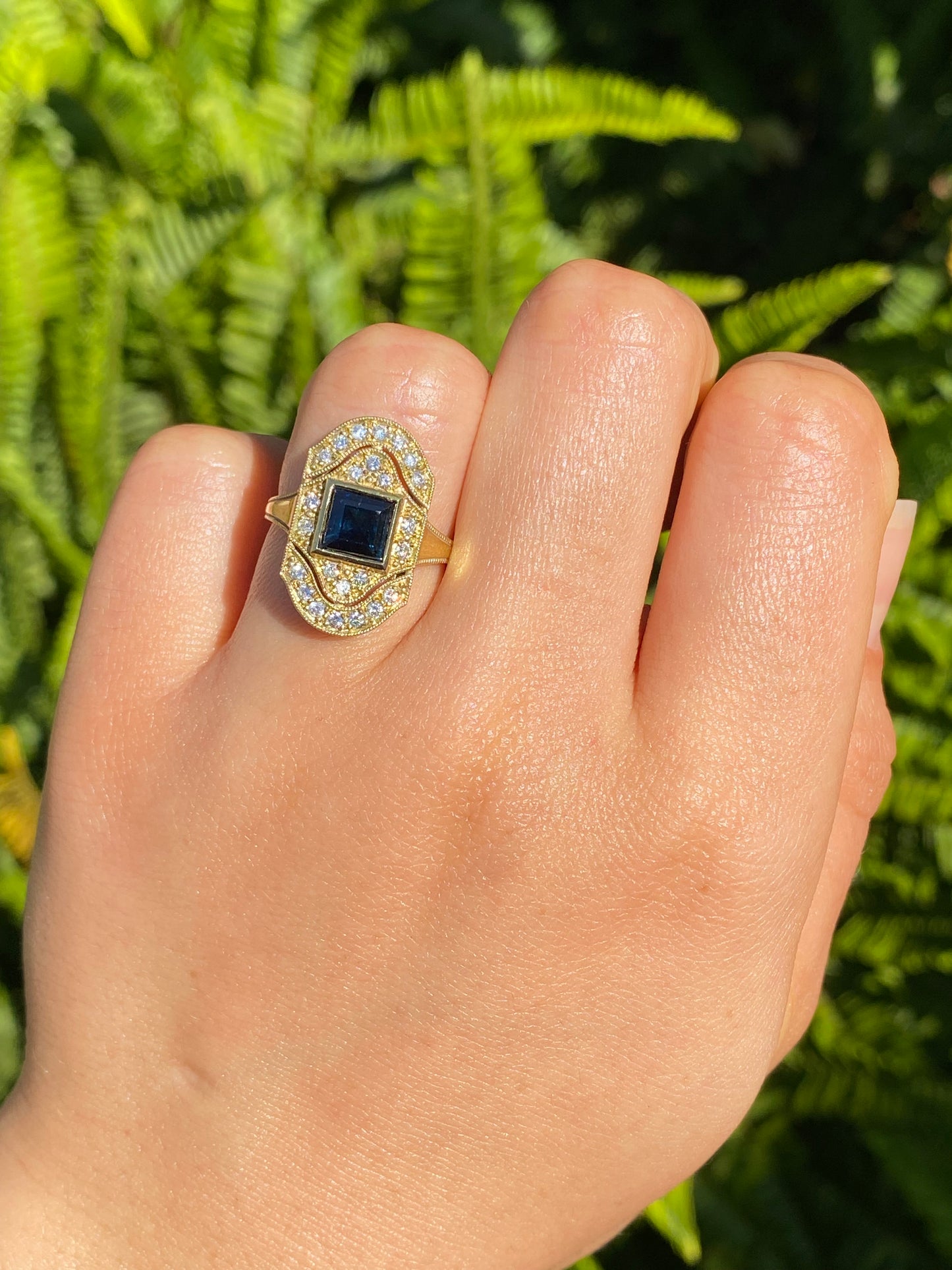 14K gold Art Deco style sapphire and diamond ring.