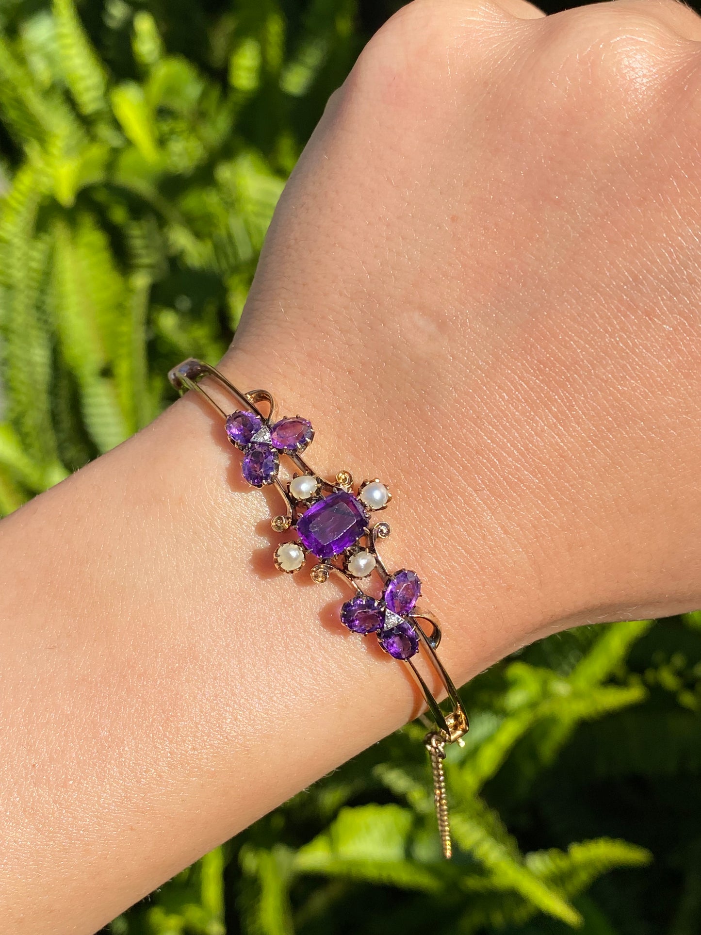 14K gold Edwardian amethyst, pearl, and diamond bangle.