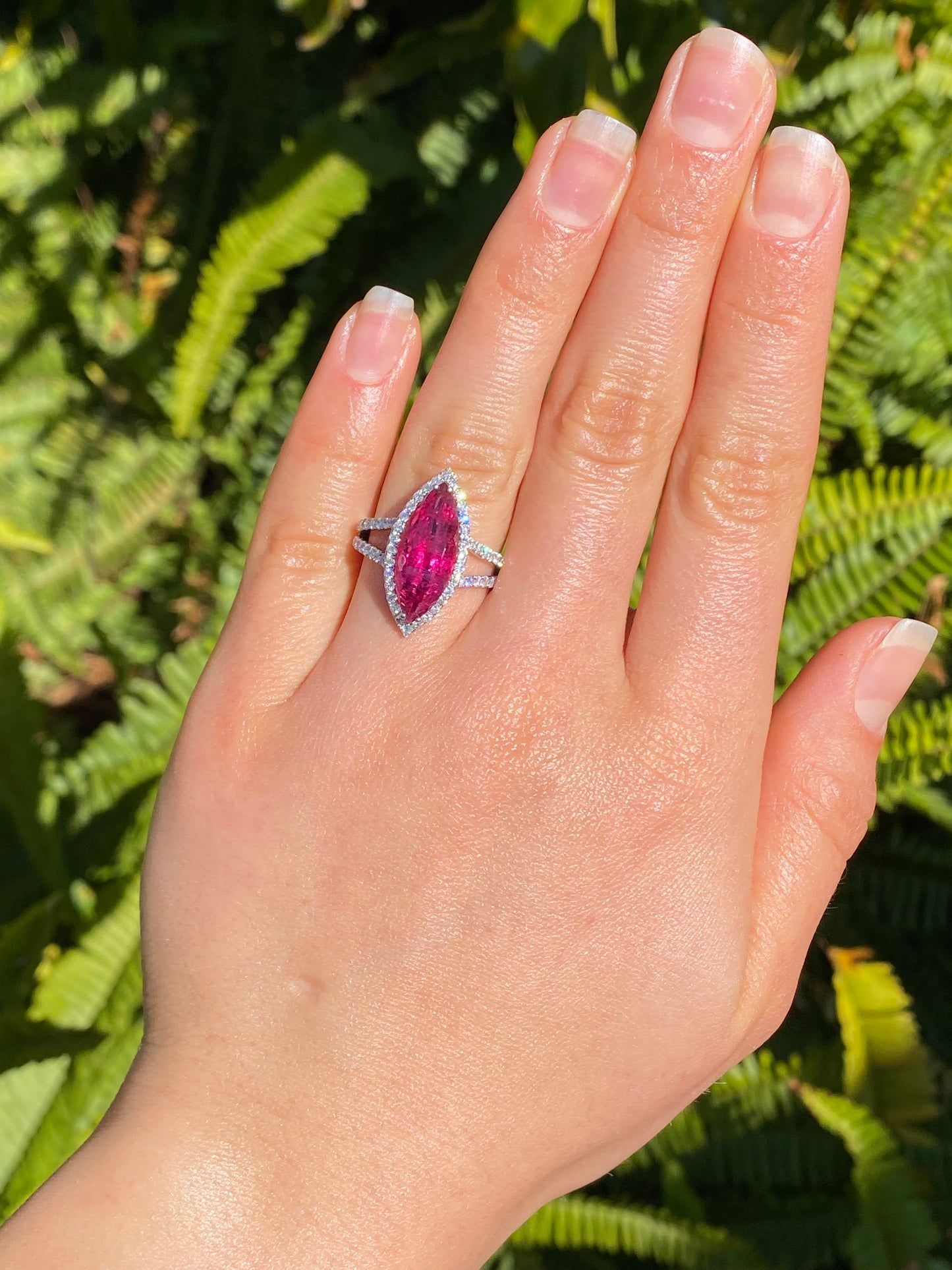 18K gold rubellite tourmaline and diamond ring.