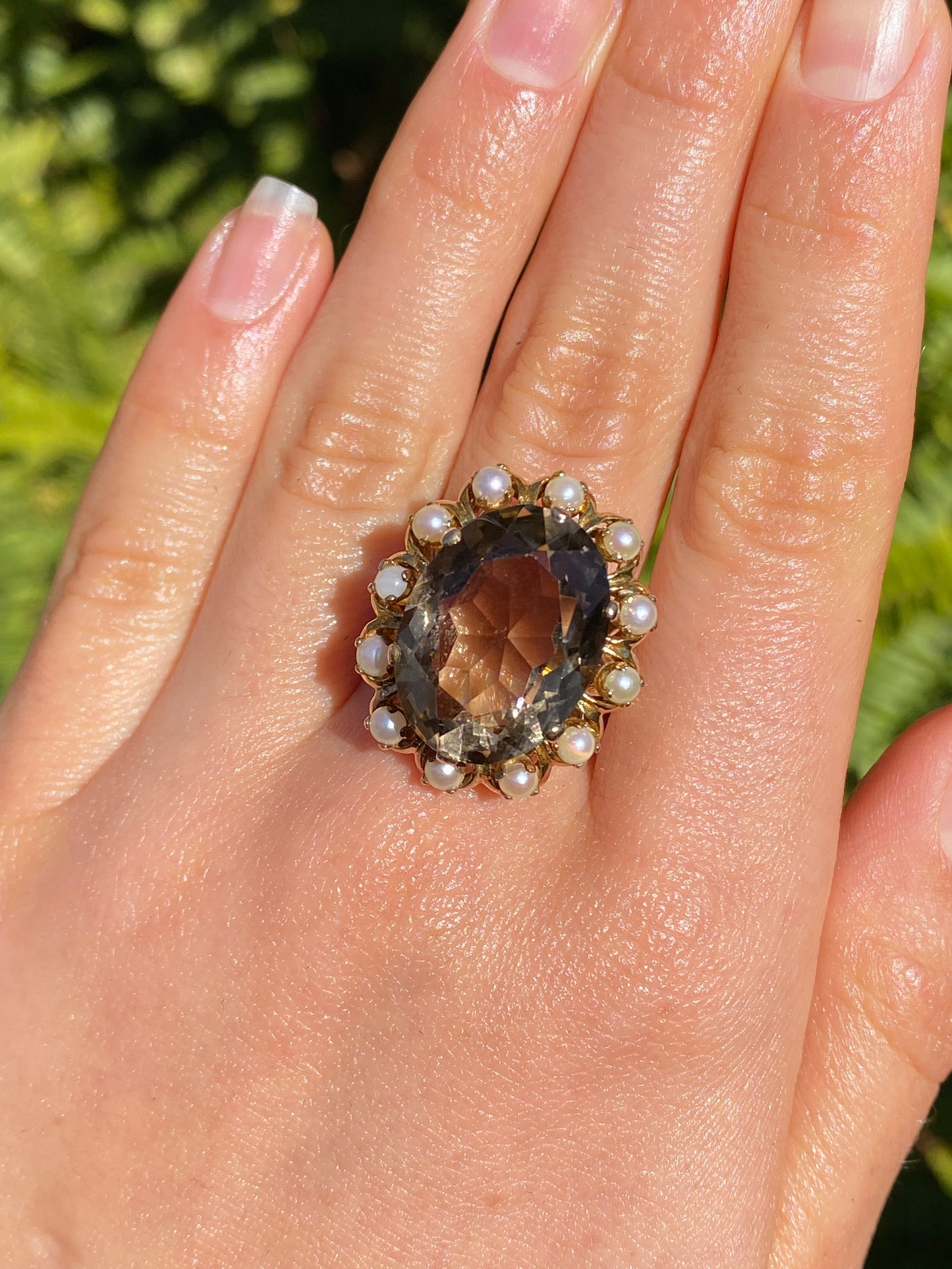 9K gold smoky quartz and pearl ring by Zeeta, circa 1950's.