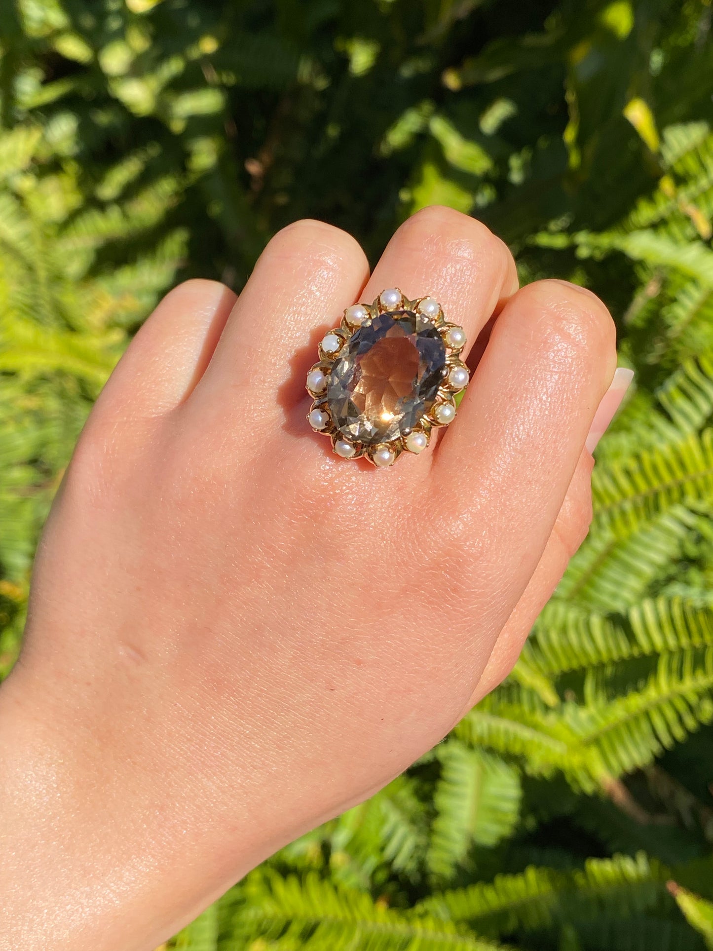 9K gold smoky quartz and pearl ring by Zeeta, circa 1950's.