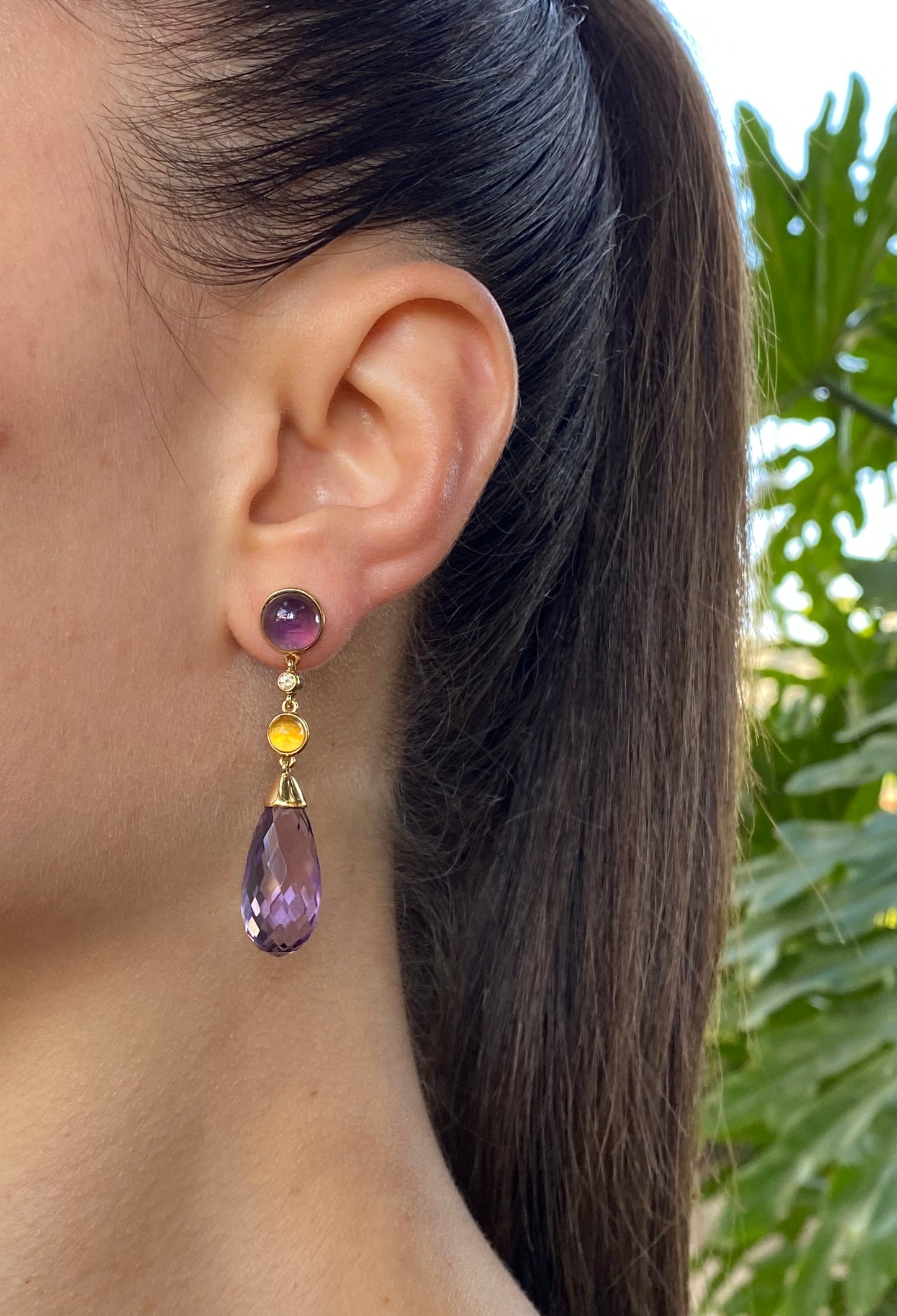 18K gold amethyst, citrine, and diamond drop earrings.