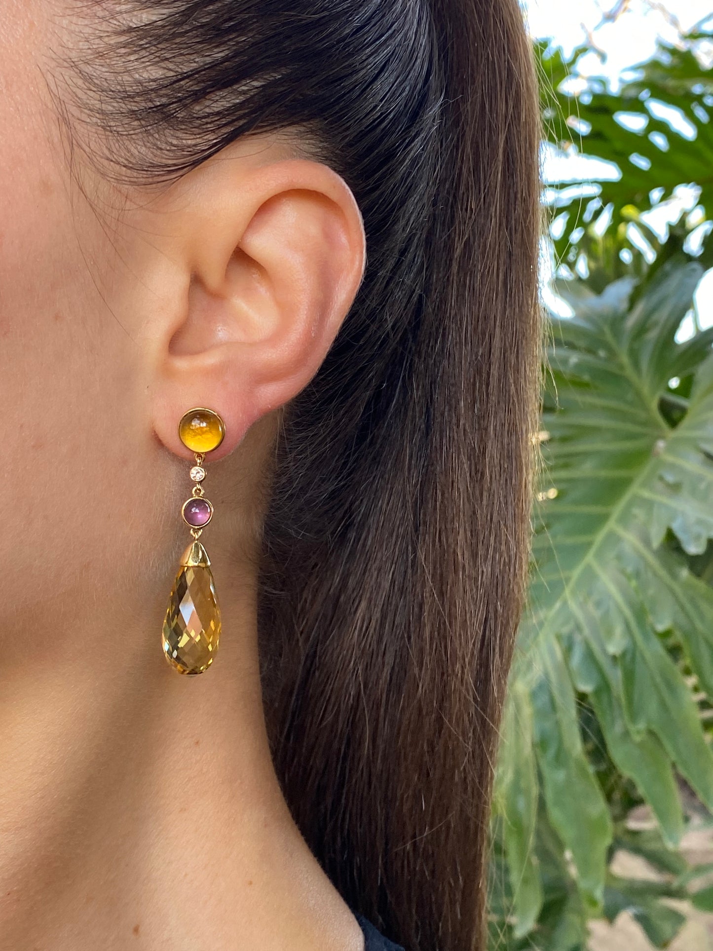 18K gold amethyst, citrine, and diamond drop earrings.