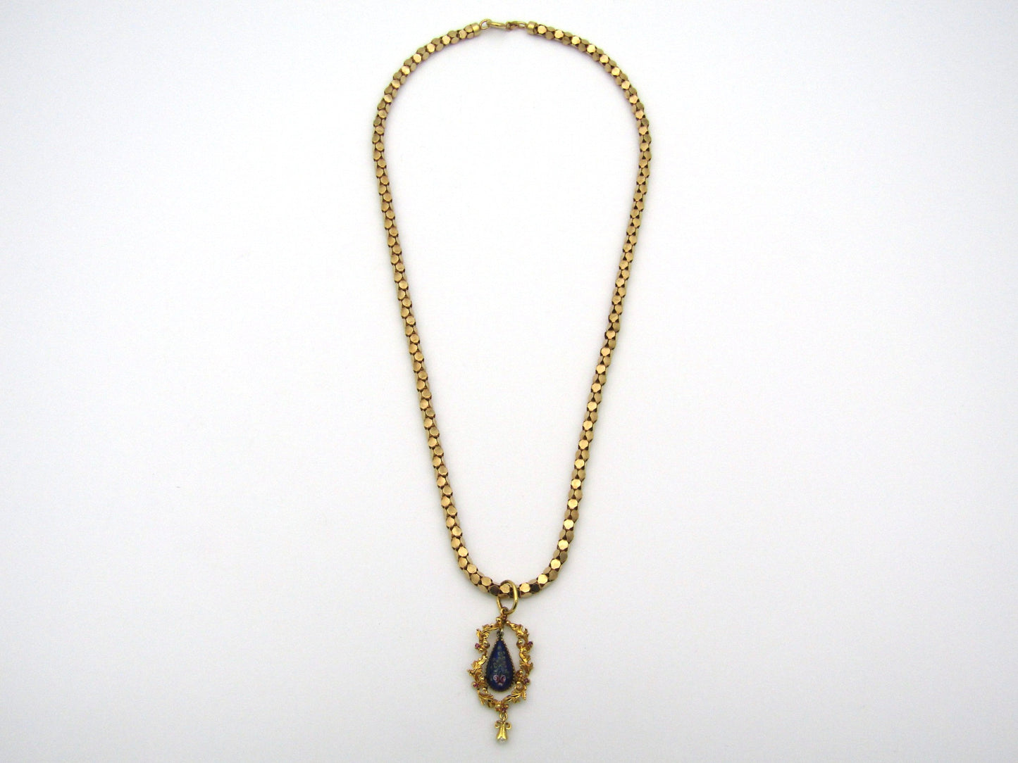 18K gold Georgian enamel, ruby, and seed pearl pendant with 18K gold popcorn chain by UnoAerre.