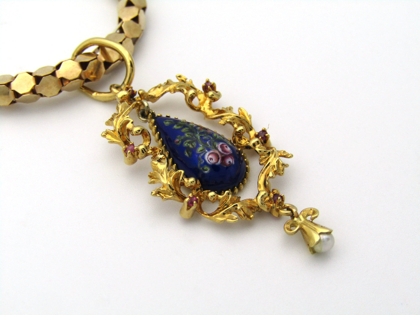 18K gold Georgian enamel, ruby, and seed pearl pendant with 18K gold popcorn chain by UnoAerre.