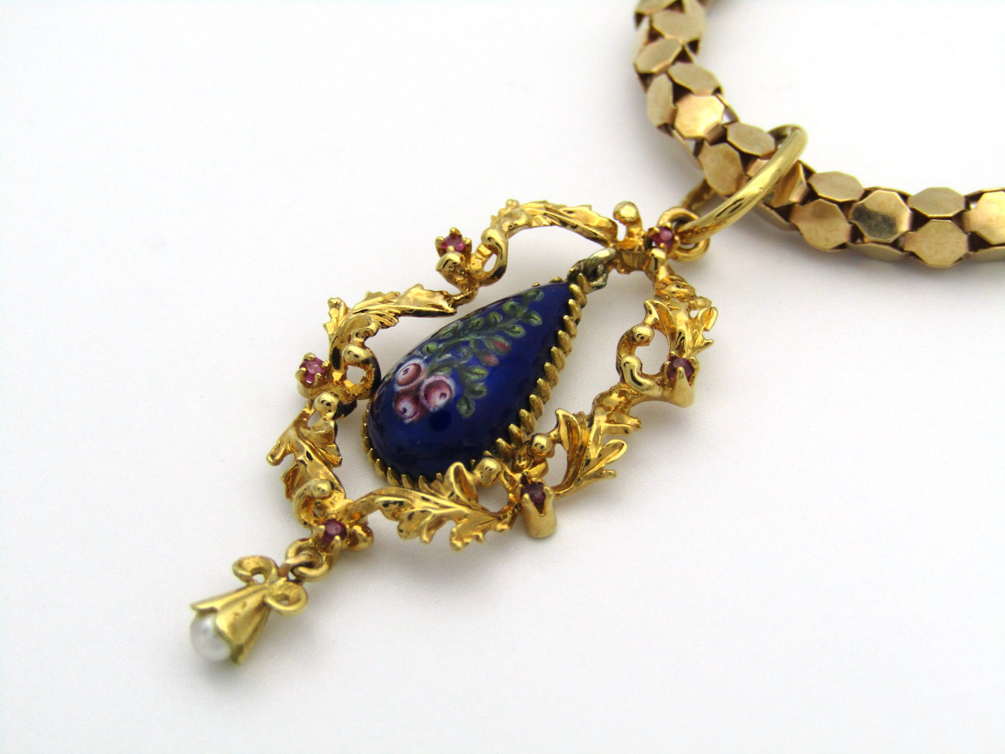18K gold Georgian enamel, ruby, and seed pearl pendant with 18K gold popcorn chain by UnoAerre.