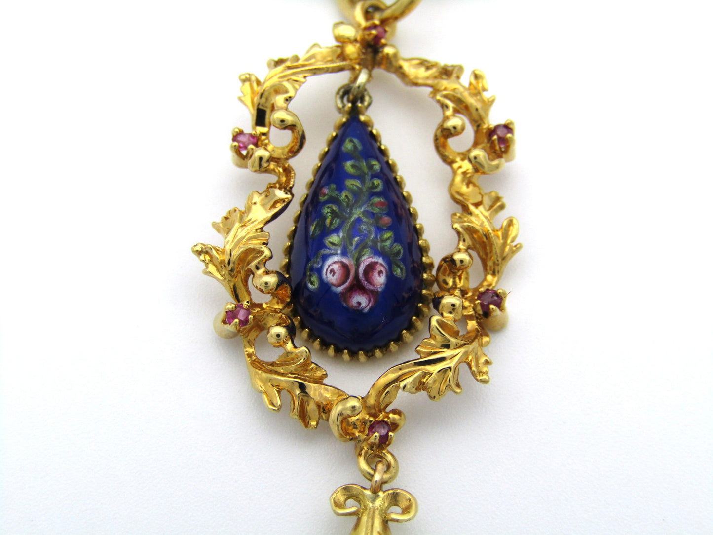 18K gold Georgian enamel, ruby, and seed pearl pendant with 18K gold popcorn chain by UnoAerre.