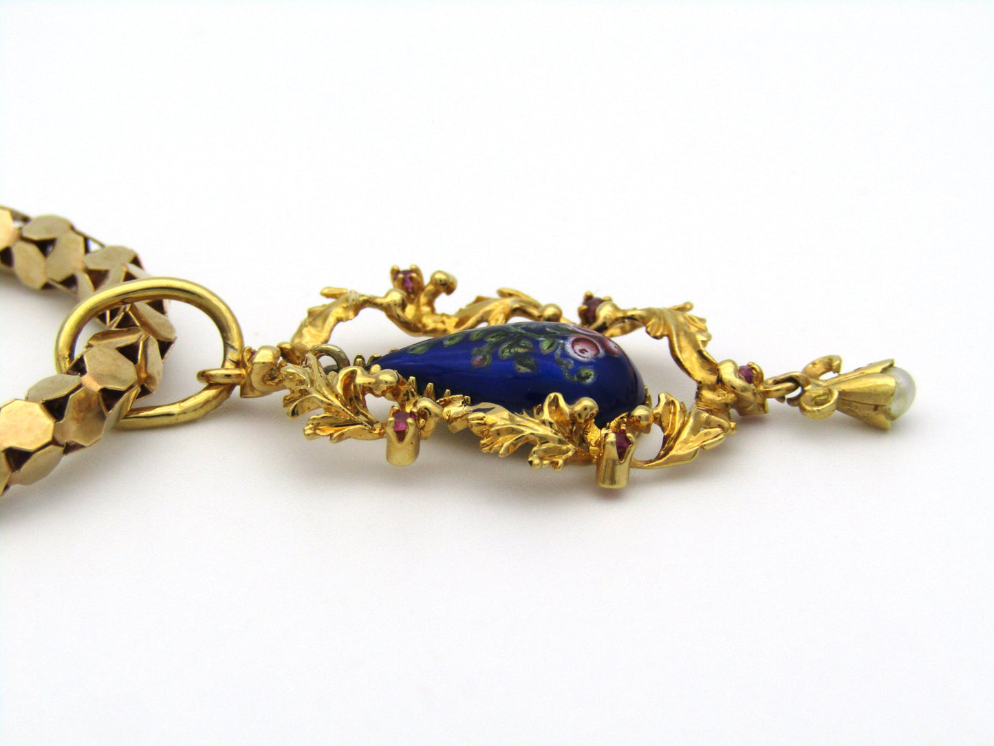 18K gold Georgian enamel, ruby, and seed pearl pendant with 18K gold popcorn chain by UnoAerre.