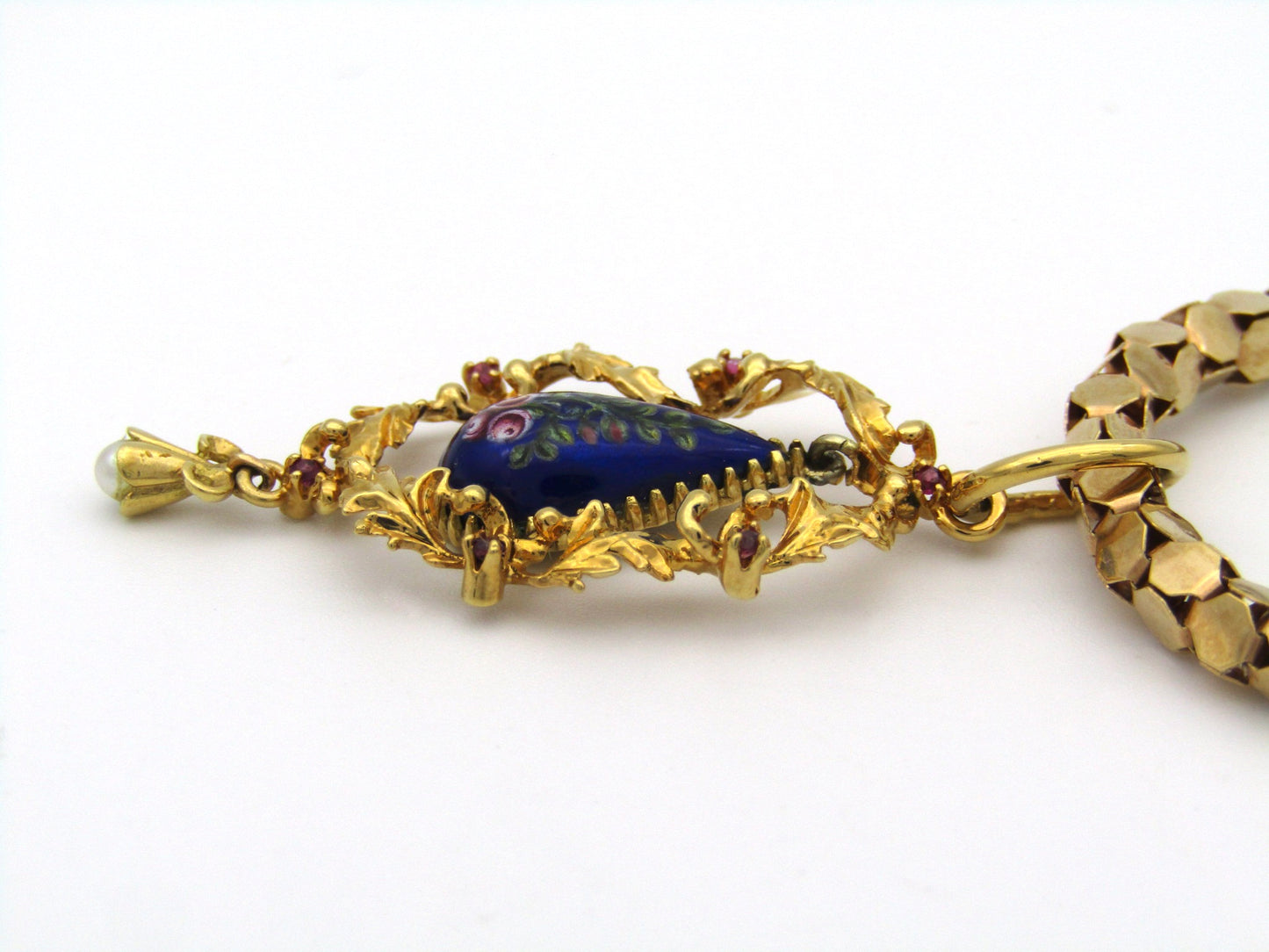 18K gold Georgian enamel, ruby, and seed pearl pendant with 18K gold popcorn chain by UnoAerre.