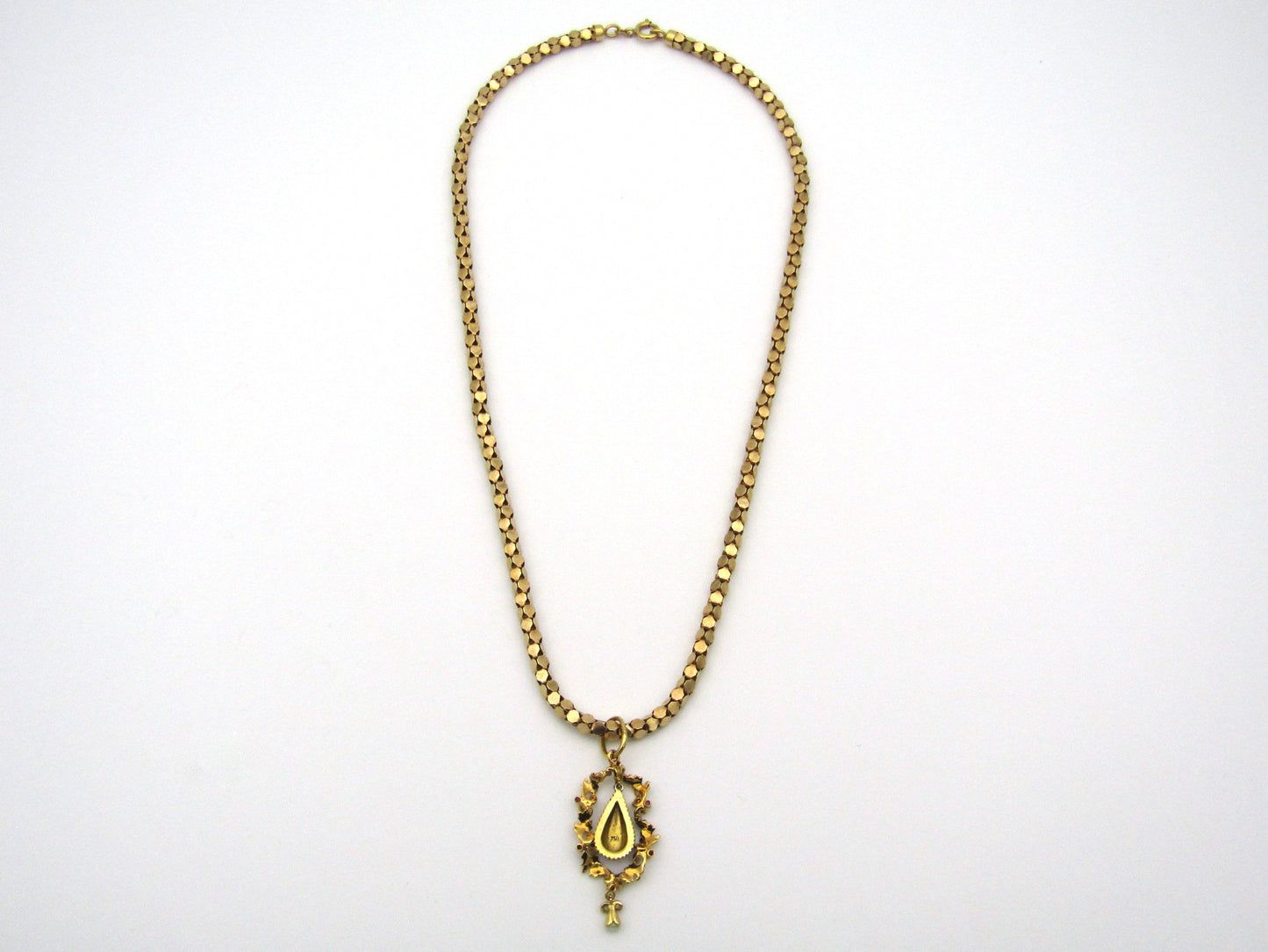 18K gold Georgian enamel, ruby, and seed pearl pendant with 18K gold popcorn chain by UnoAerre.