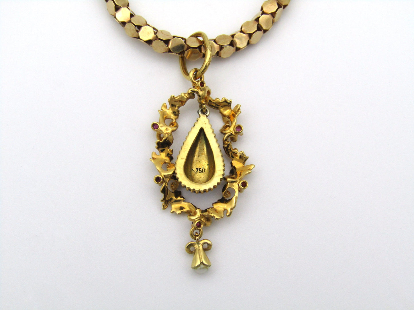 18K gold Georgian enamel, ruby, and seed pearl pendant with 18K gold popcorn chain by UnoAerre.