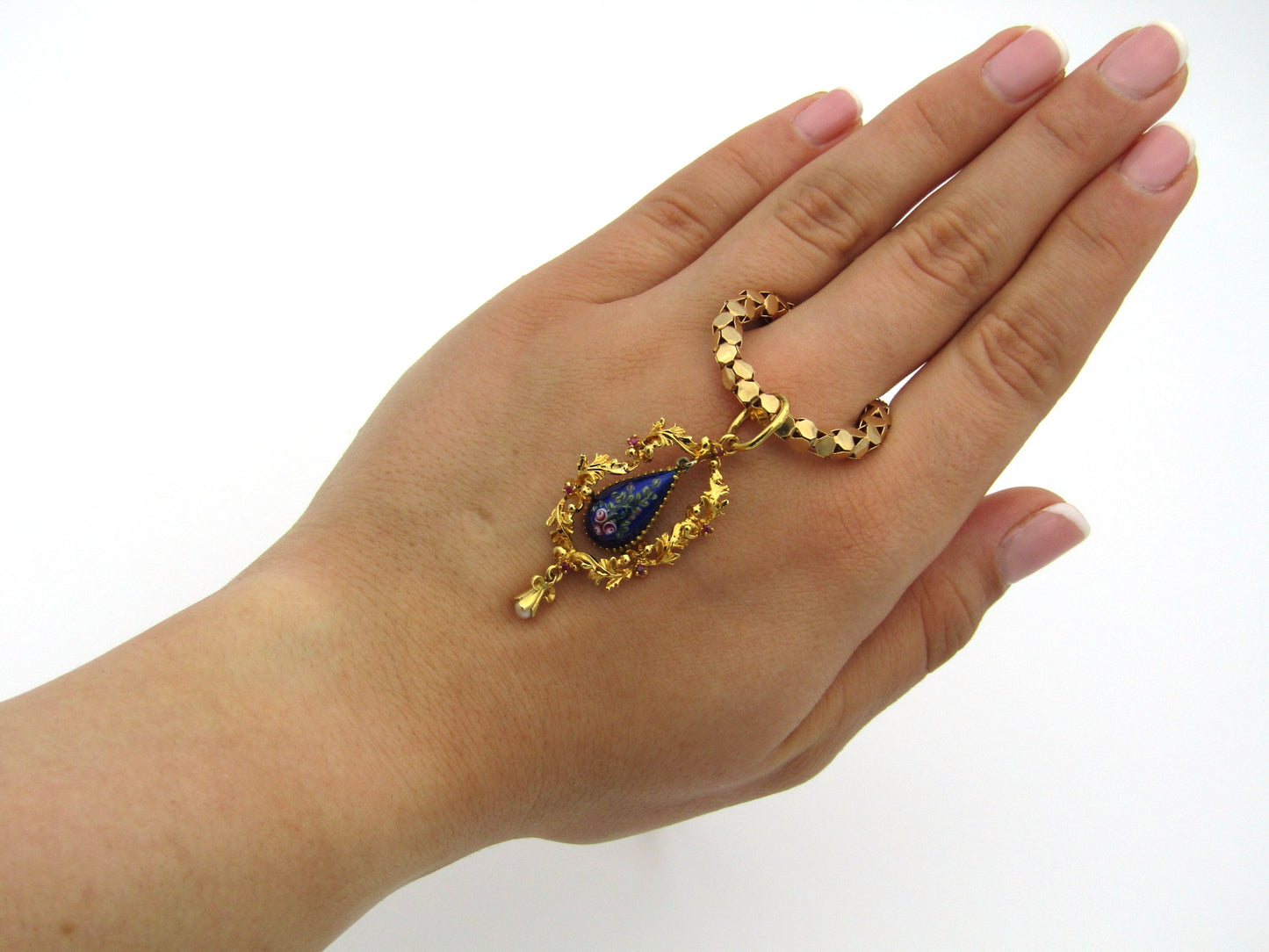 18K gold Georgian enamel, ruby, and seed pearl pendant with 18K gold popcorn chain by UnoAerre.