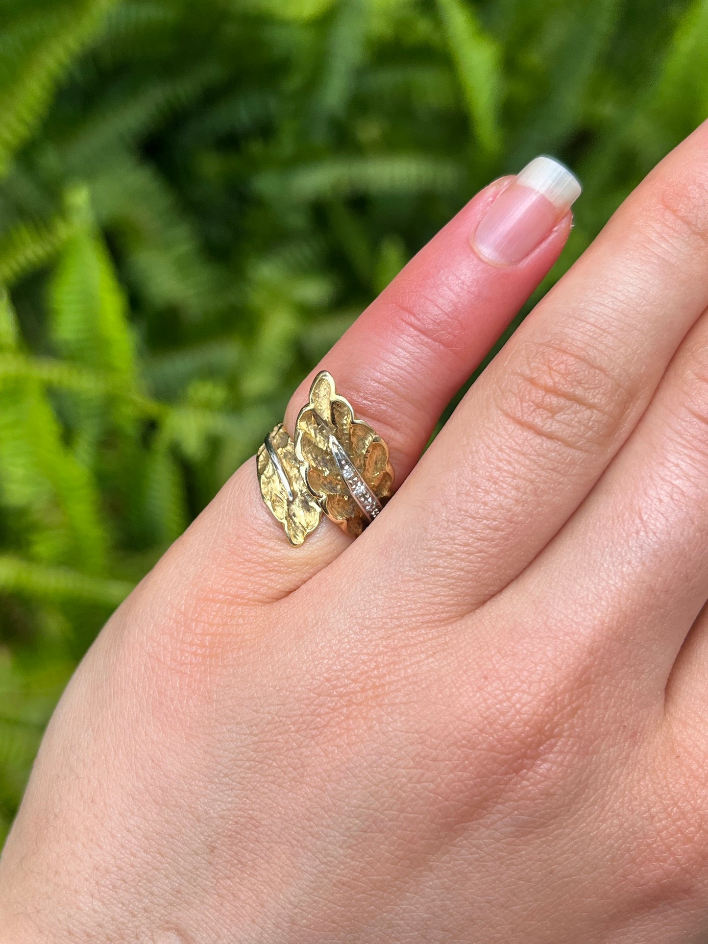 18K gold Retro diamond leaf-wrap ring, circa 1950's.