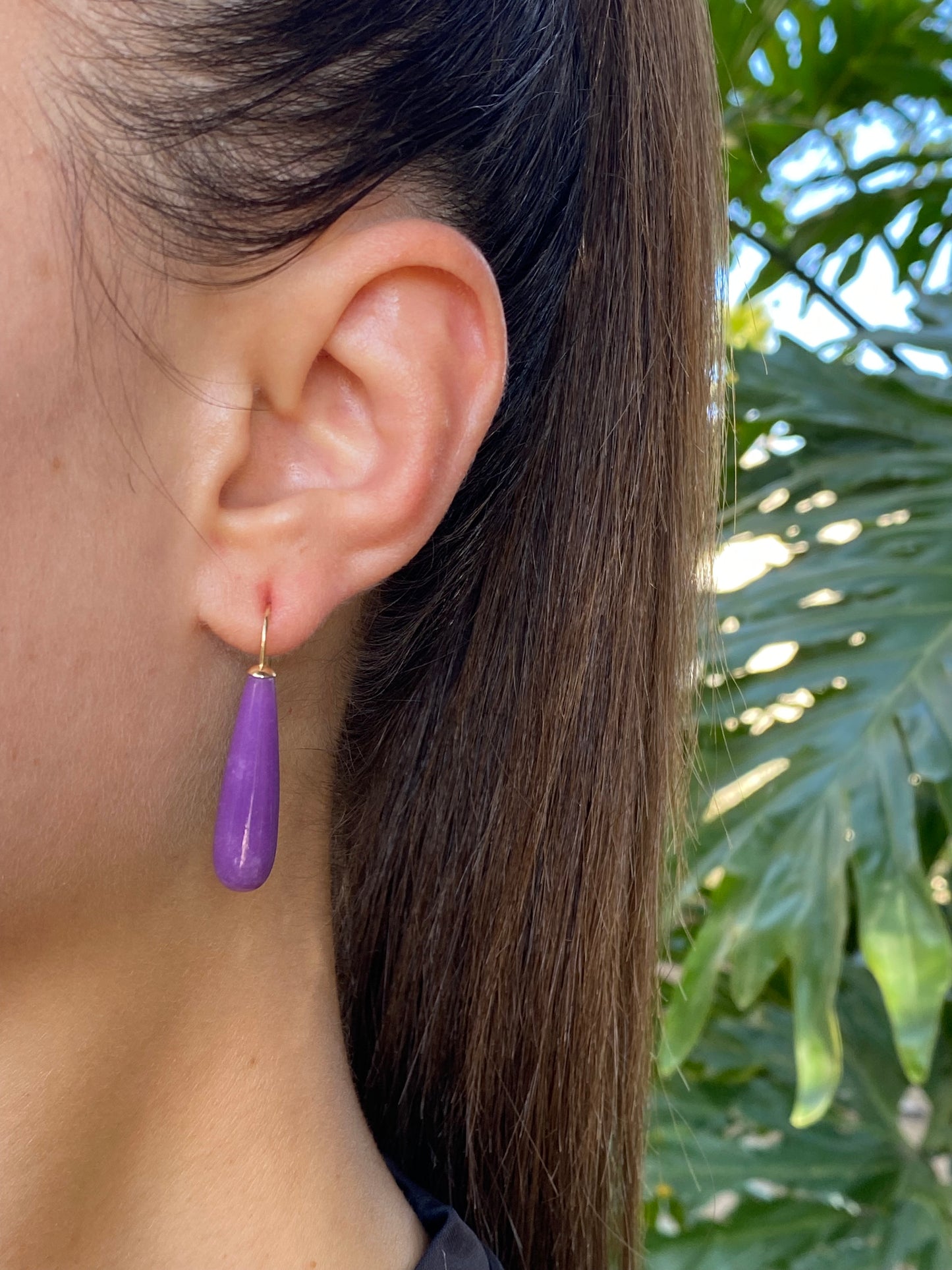 14K gold lavender jade hanging earrings.