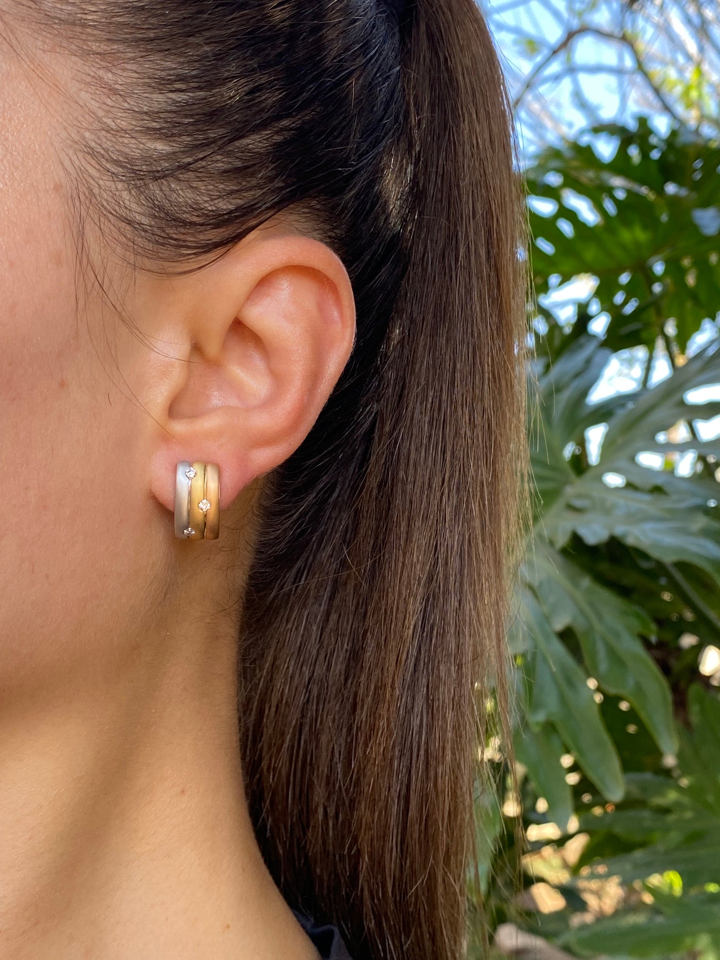 18K tri-colour gold diamond huggie earrings, circa 1970's.