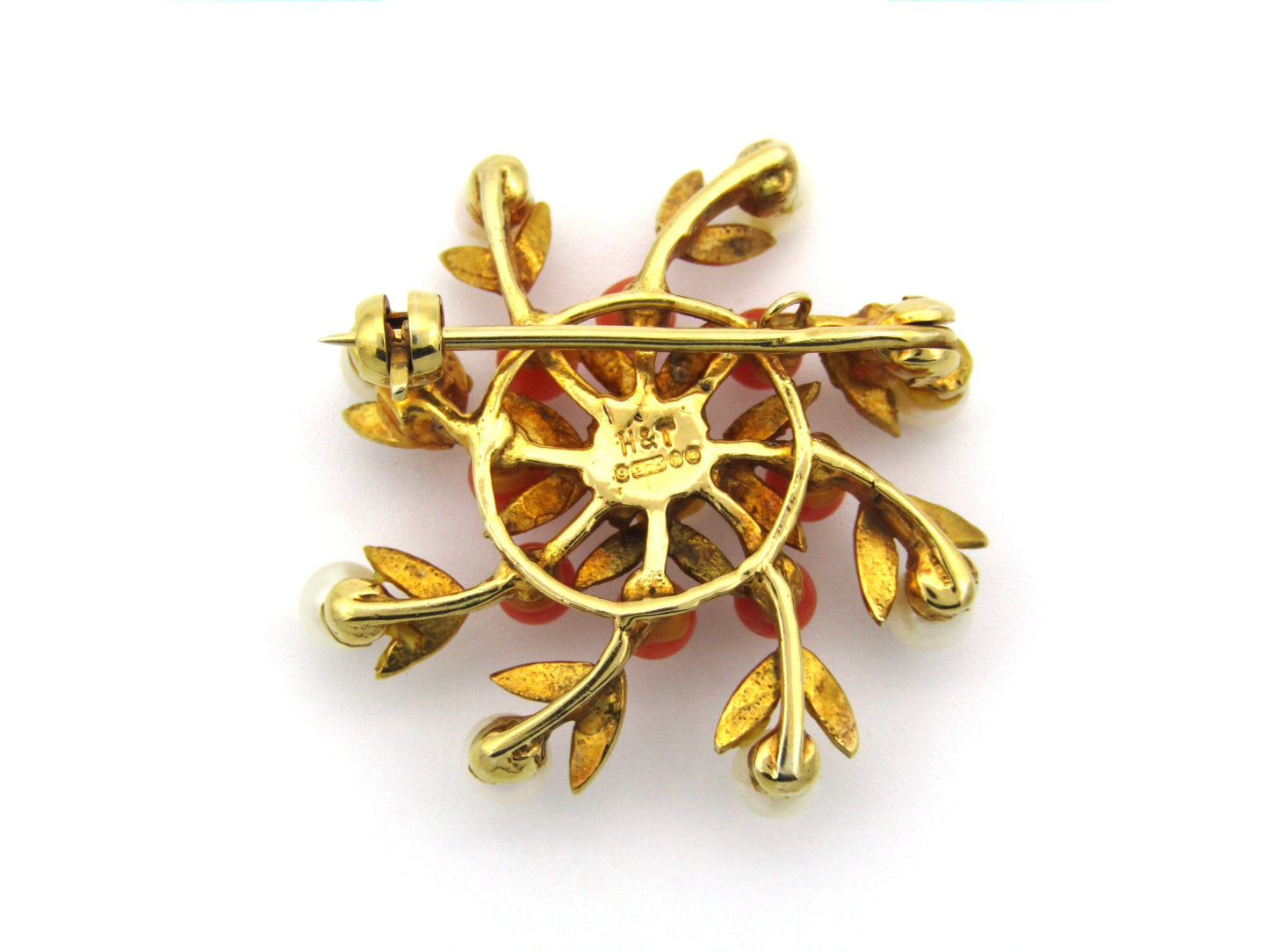 9K gold pearl and coral brooch, London 1964, by H&T.