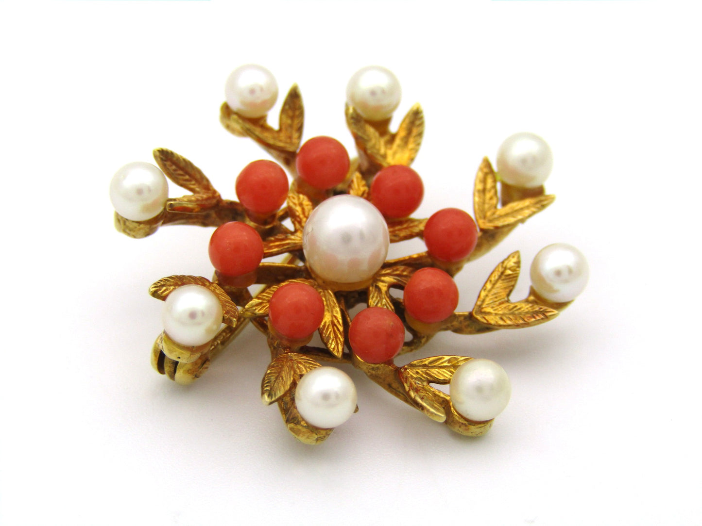 9K gold pearl and coral brooch, London 1964, by H&T.
