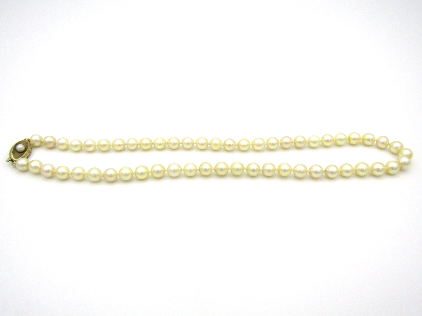 Akoya cultured pearl choker with 9K gold clasp, circa 1950's.