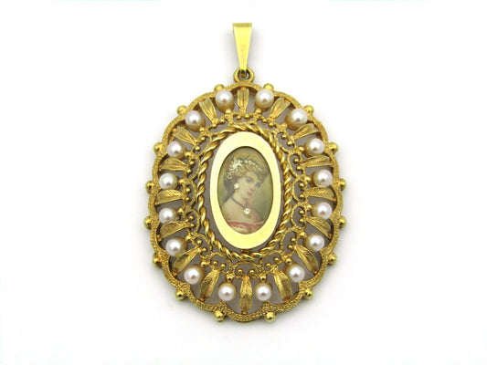 14K gold seed pearl hand painted miniature pendant, circa 1900.