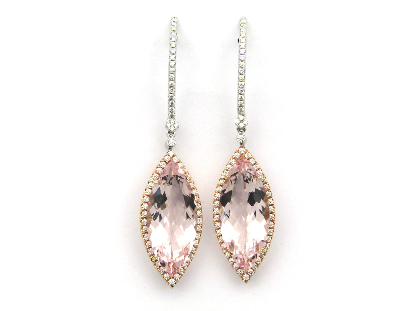 Platinum and 14K gold morganite and diamond earrings by M&V Vanguard & Co.
