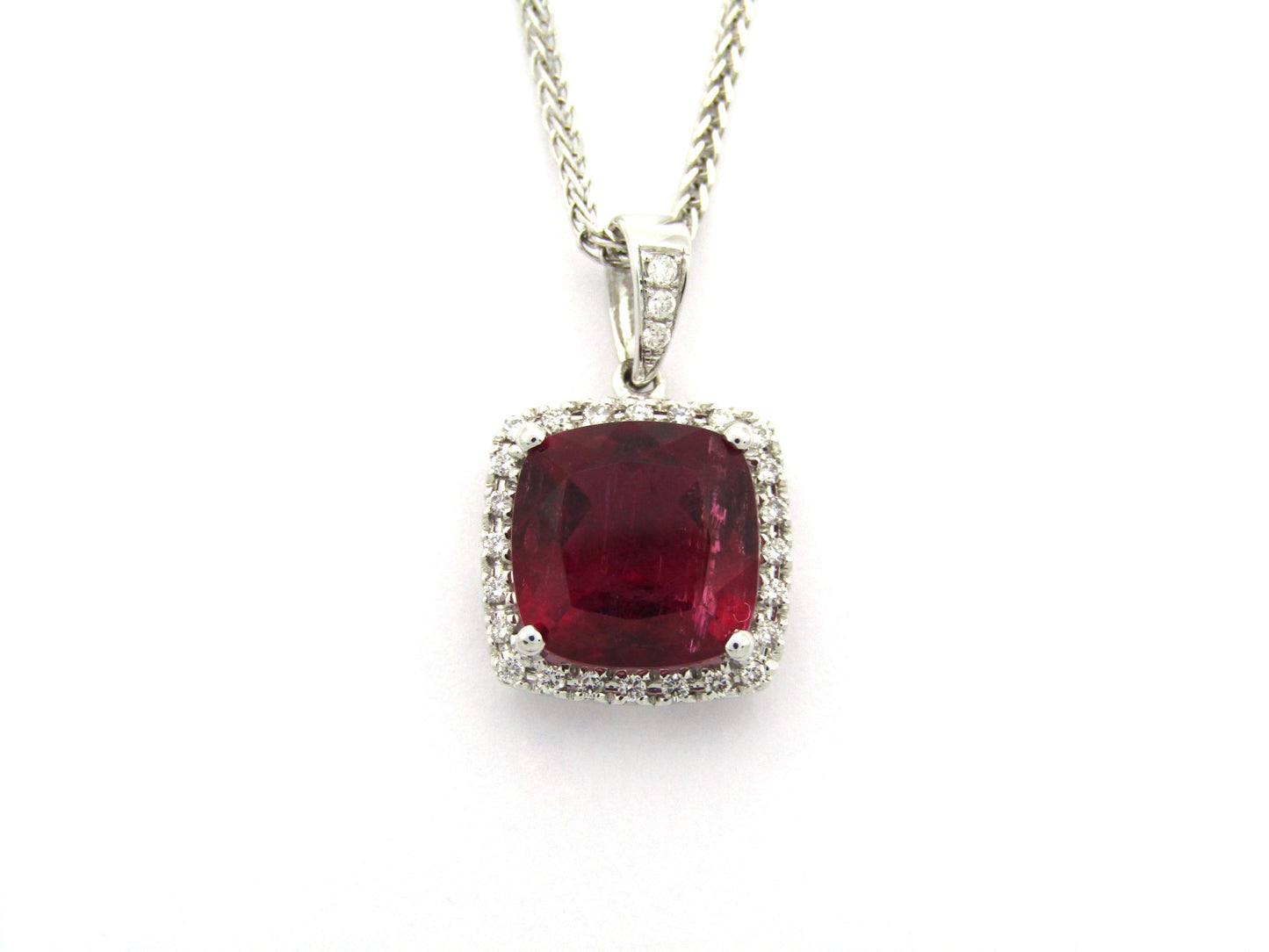 18K gold rubellite tourmaline and diamond pendant.