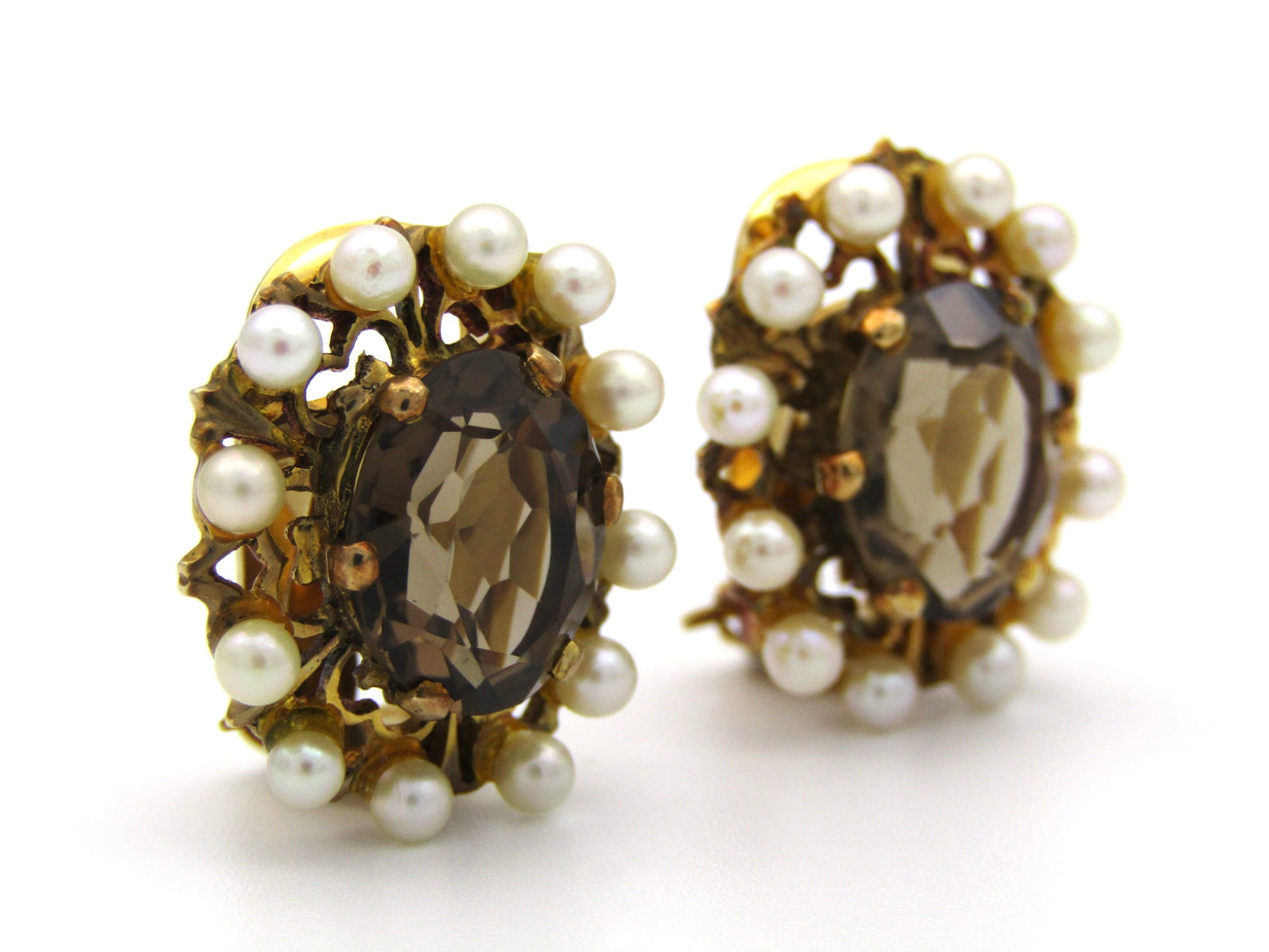 9K gold smoky quartz and pearl clip-on earrings, circa 1950's.