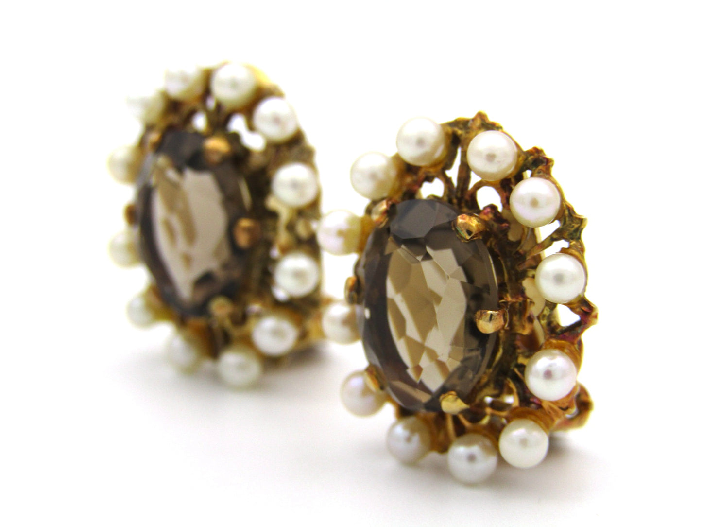 9K gold smoky quartz and pearl clip-on earrings, circa 1950's.