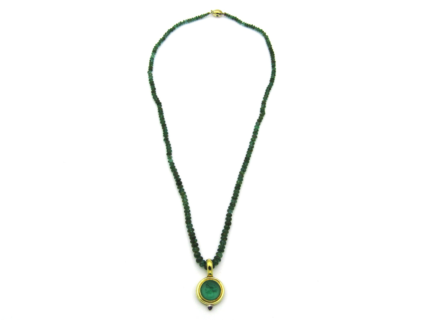 9K gold cameo glass and amethyst enhancer with emerald bead necklace.