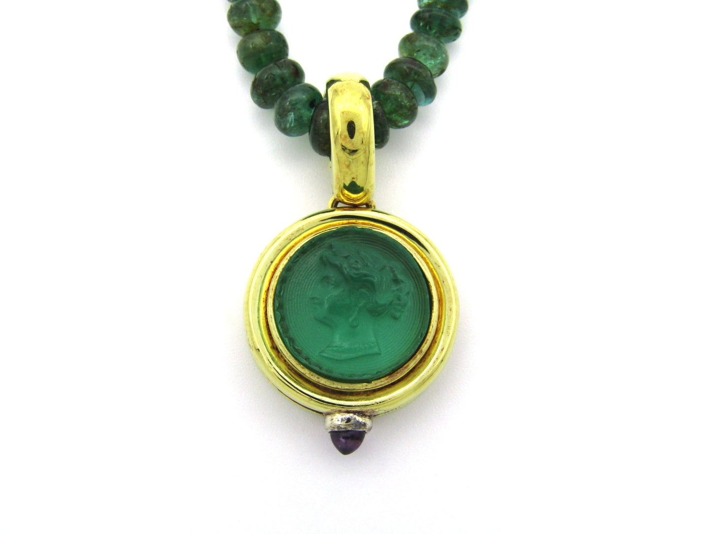 9K gold cameo glass and amethyst enhancer with emerald bead necklace.