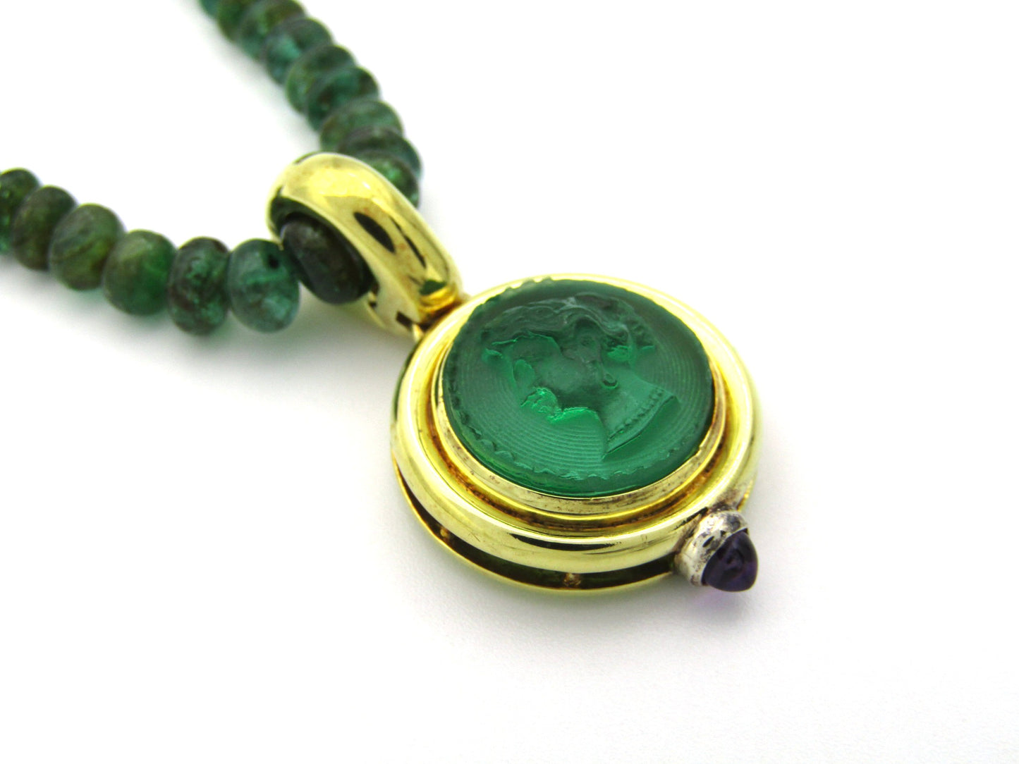 9K gold cameo glass and amethyst enhancer with emerald bead necklace.
