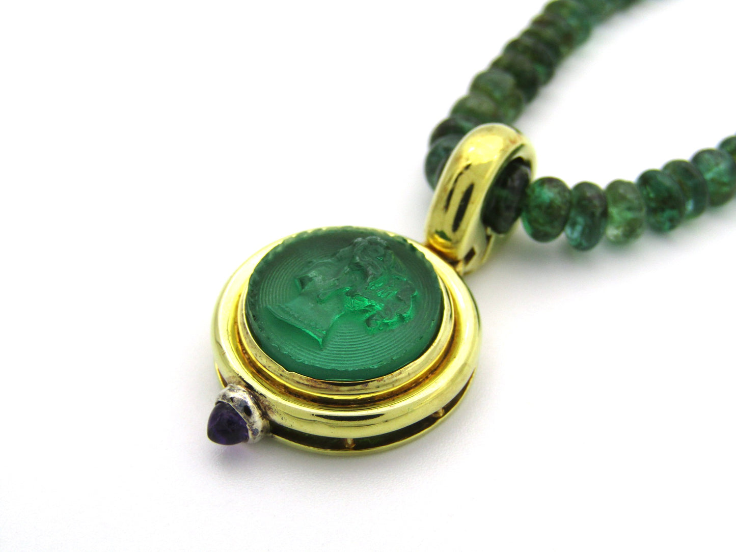 9K gold cameo glass and amethyst enhancer with emerald bead necklace.