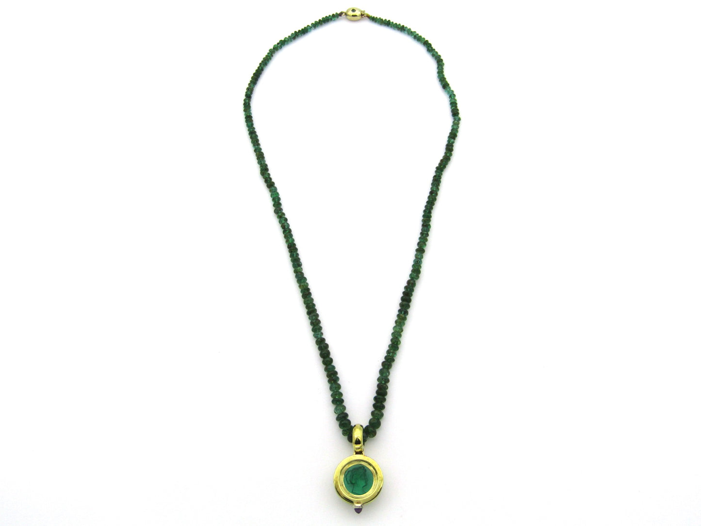 9K gold cameo glass and amethyst enhancer with emerald bead necklace.