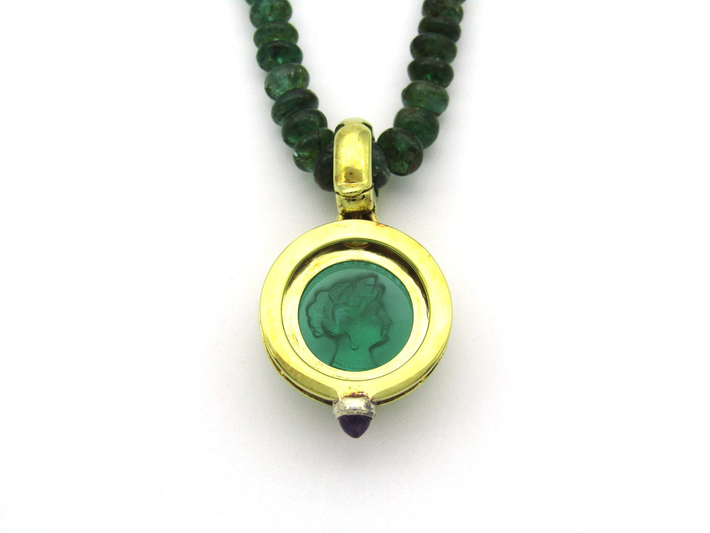9K gold cameo glass and amethyst enhancer with emerald bead necklace.