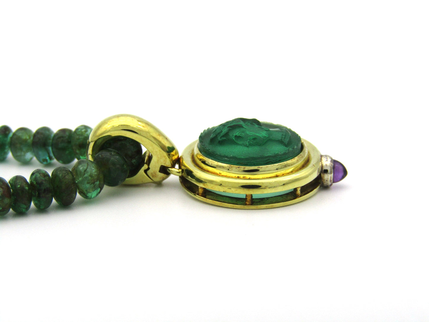 9K gold cameo glass and amethyst enhancer with emerald bead necklace.