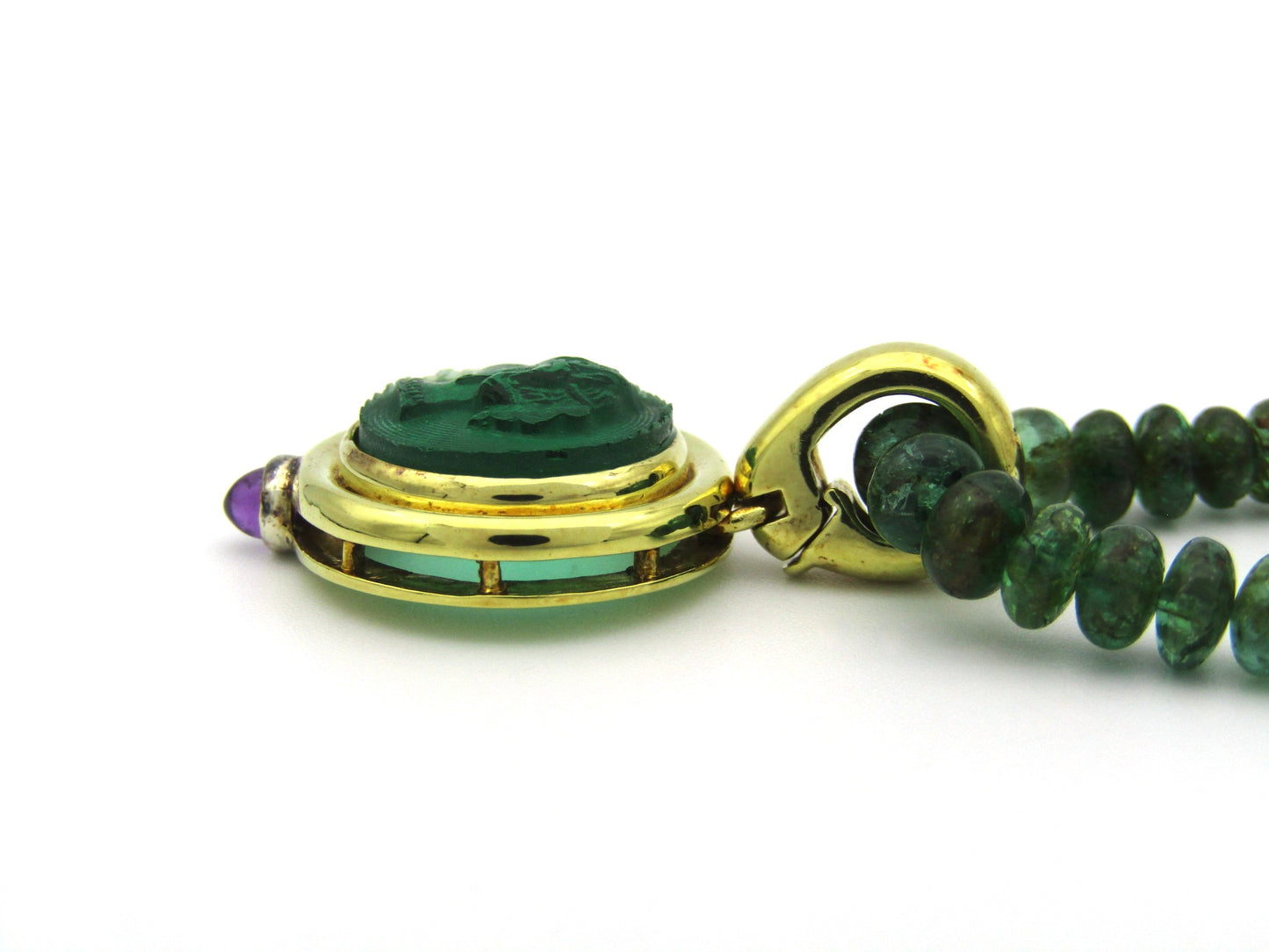 9K gold cameo glass and amethyst enhancer with emerald bead necklace.