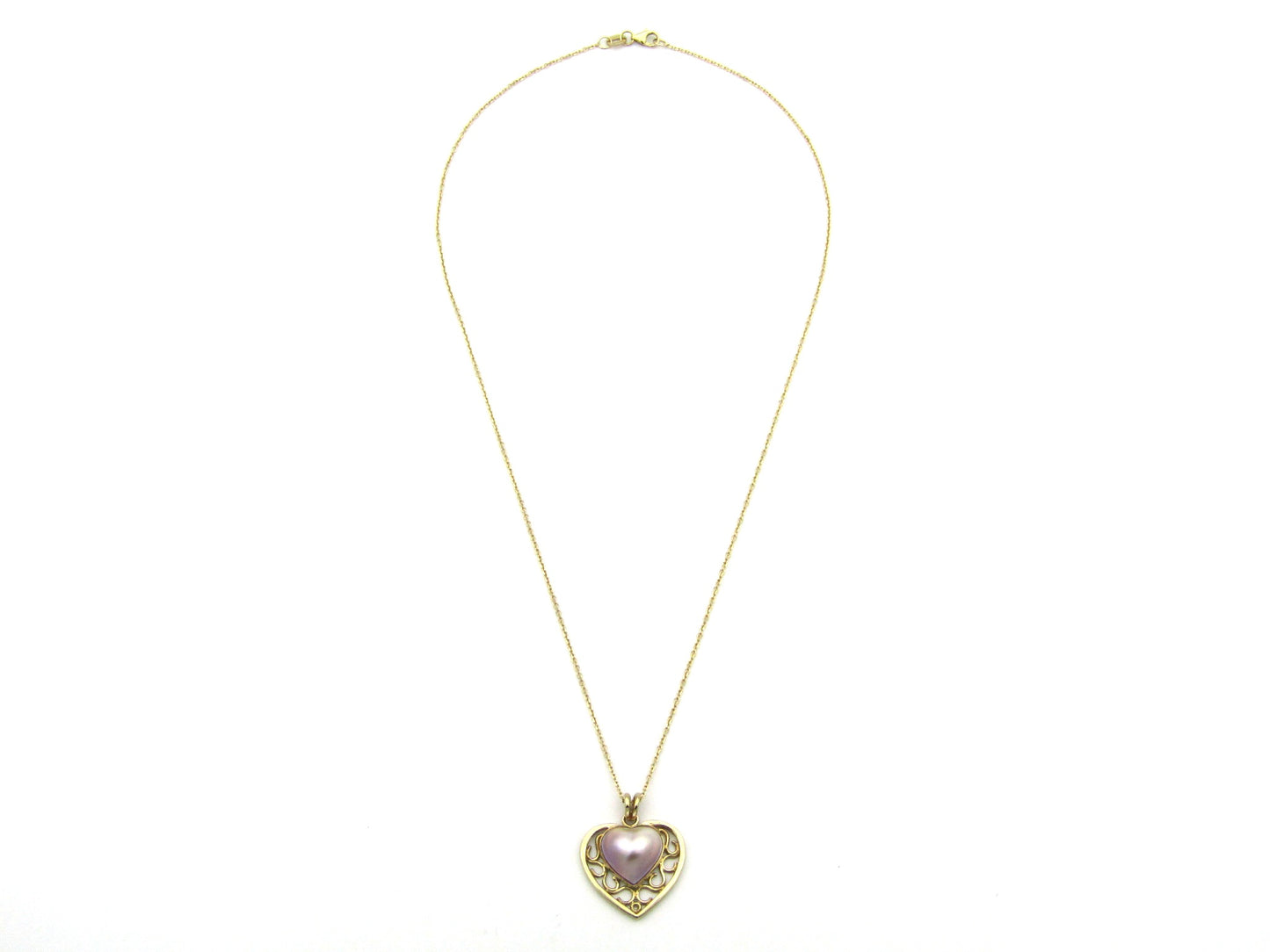 9K gold pink mabe pearl filigree heart pendant.