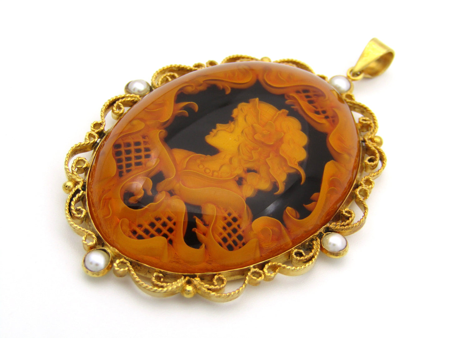 9K gold amber and cultured akoya pearl filigree pendant.