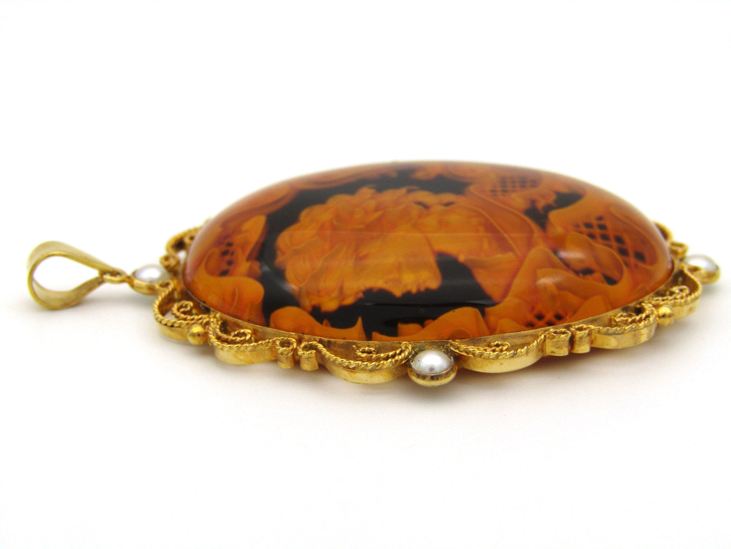 9K gold amber and cultured akoya pearl filigree pendant.
