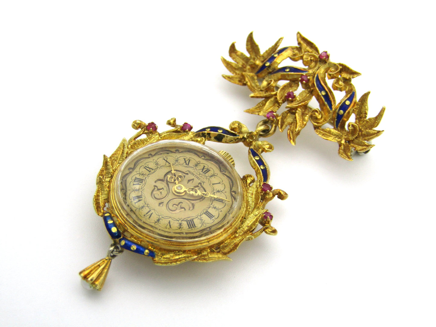 18K gold Edwardian enamel and ruby Montreux watch. Circa 1900.