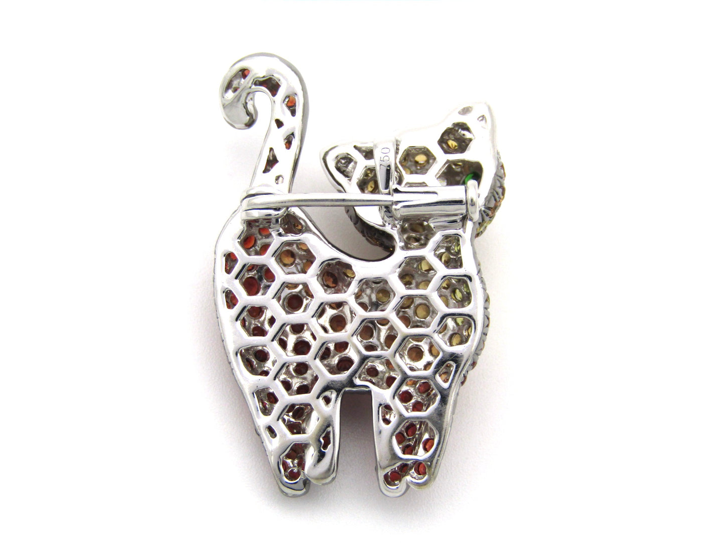 18K gold fancy sapphire, tsavorite garnet and diamond cat pendant/brooch.