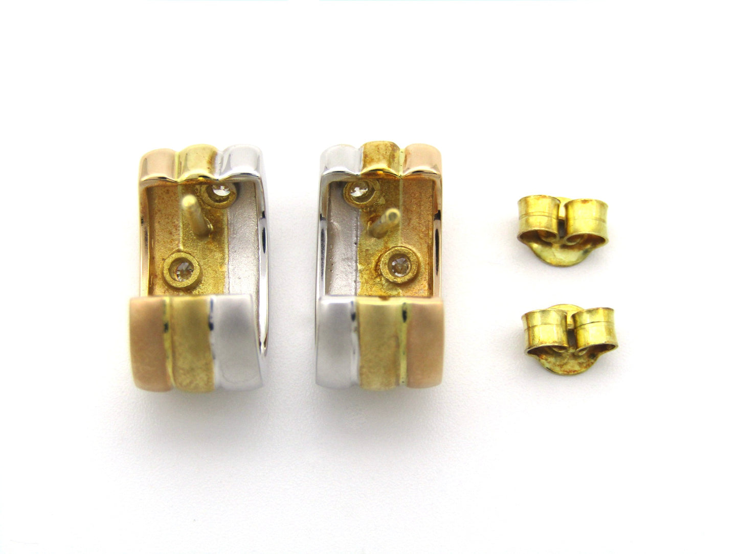 18K tri-colour gold diamond huggie earrings, circa 1970's.