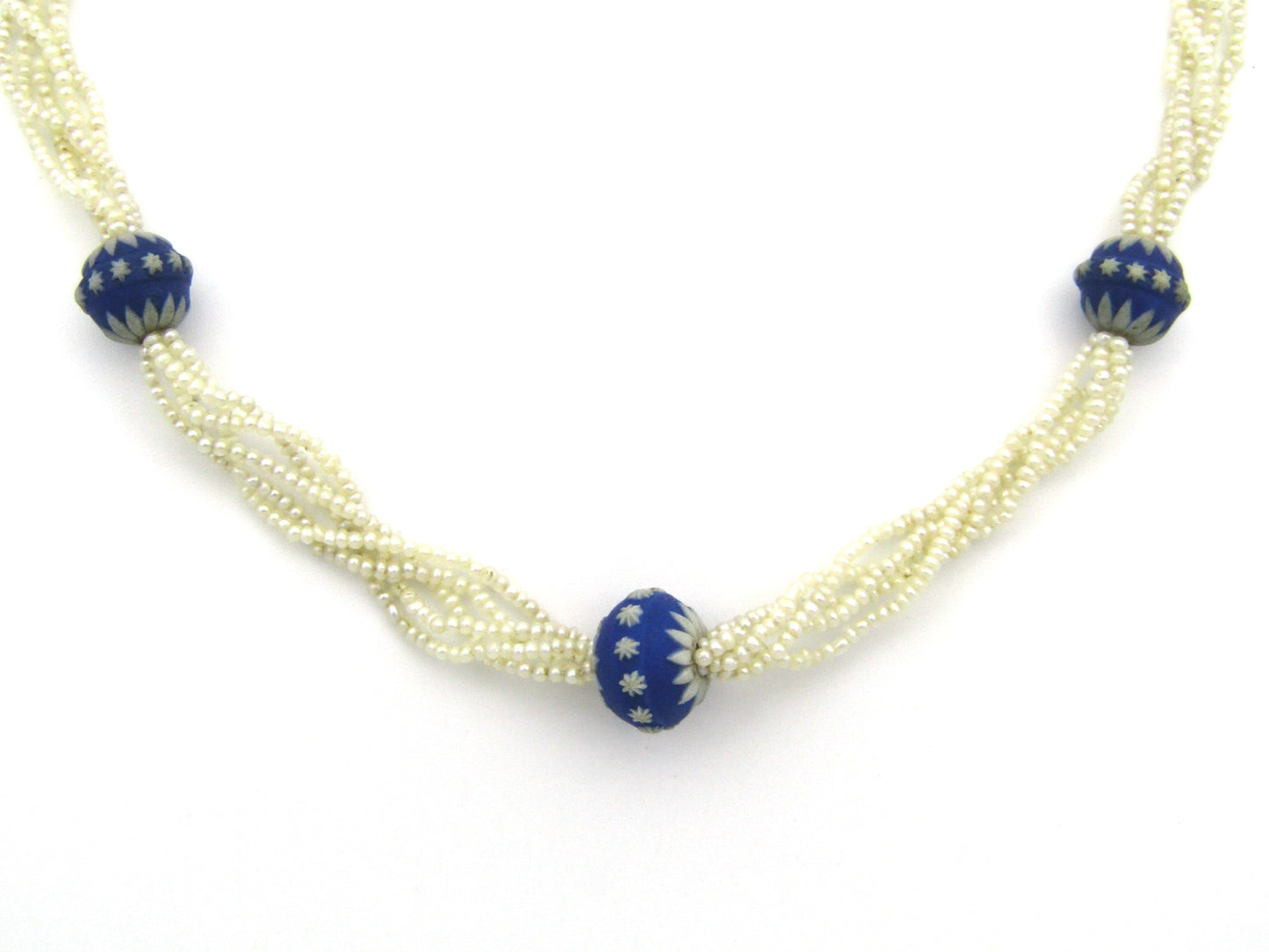 9K gold 5-strand seed pearl Wedgewood Victorian necklace, circa 1880.