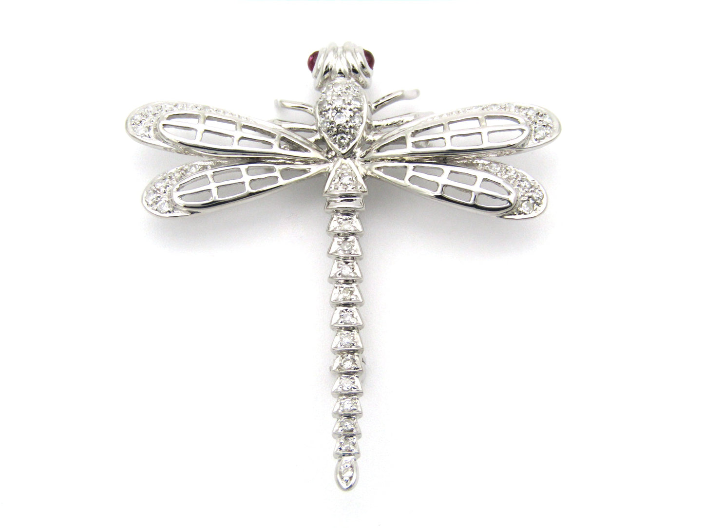 14K gold ruby and diamond dragonfly brooch, circa 1940's.
