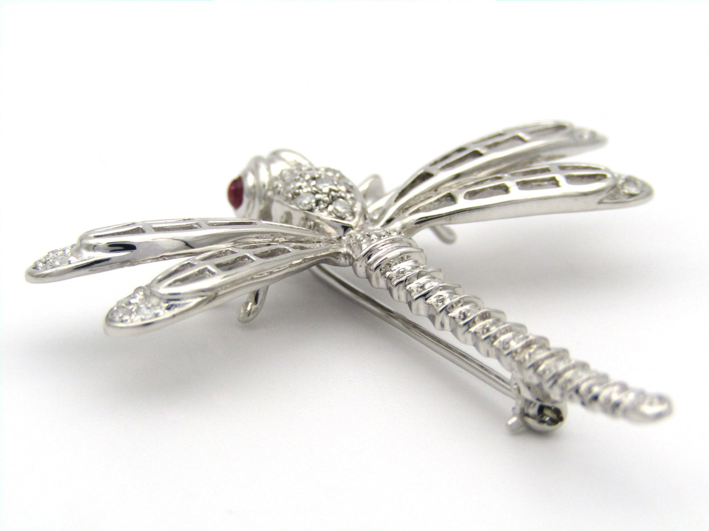 14K gold ruby and diamond dragonfly brooch, circa 1940's.