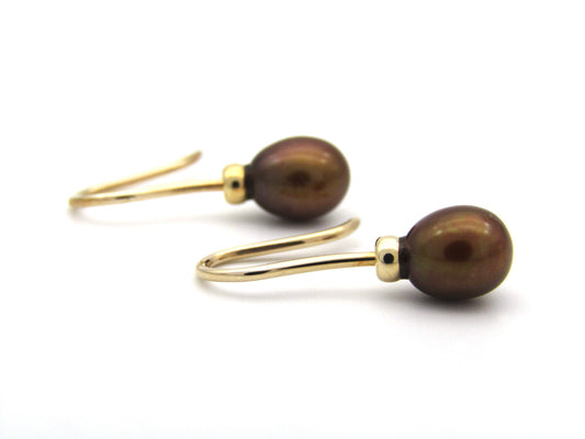 9K gold freshwater pearl dangle earrings.