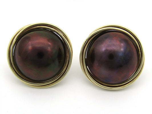 9K gold round mabé pearl earrings, circa 1980's.