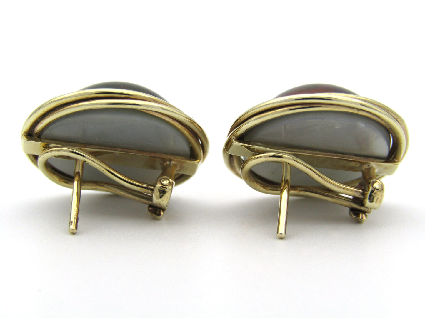 9K gold round mabé pearl earrings, circa 1980's.