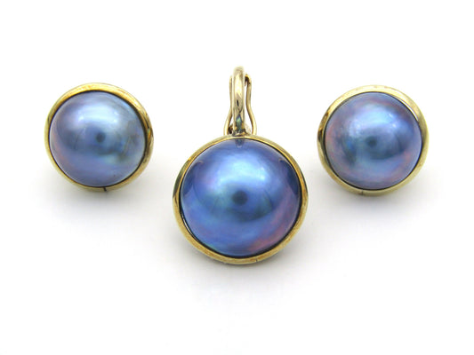 9K gold round mabé pearl earrings and enhancer set.