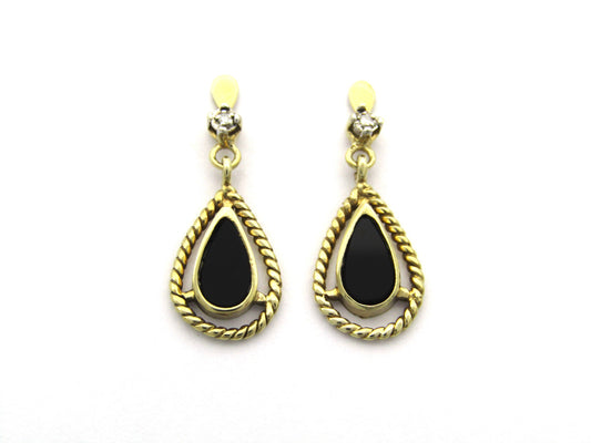 9K gold Vintage onyx and diamond dangle earrings, circa 1990's.