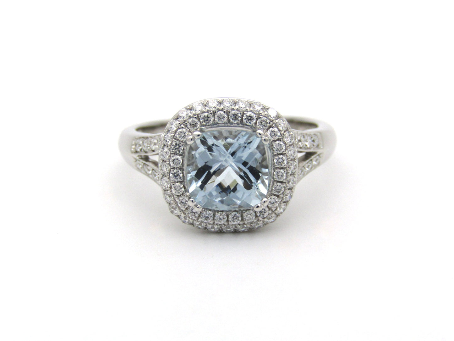 14K gold aquamarine and diamond double halo ring by Browns.